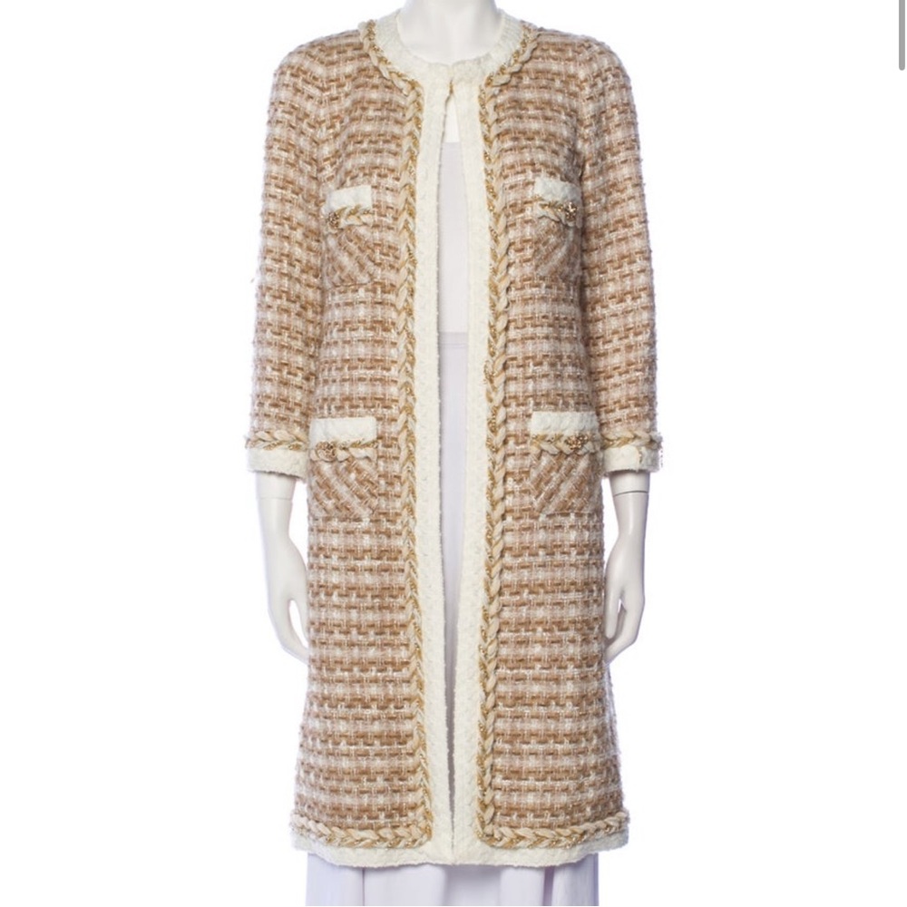Edward Achour Tweed Off-White Tan Gold-tone chain detailing Long Blazer SizeUS 6